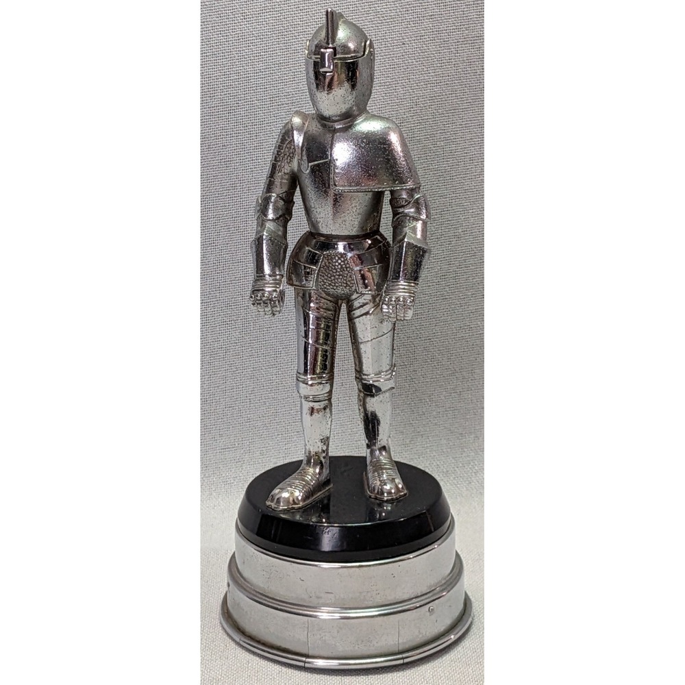 Vintage Knight Suit of Armor Table Lighter Music Box Silver Chrome Fair 8in